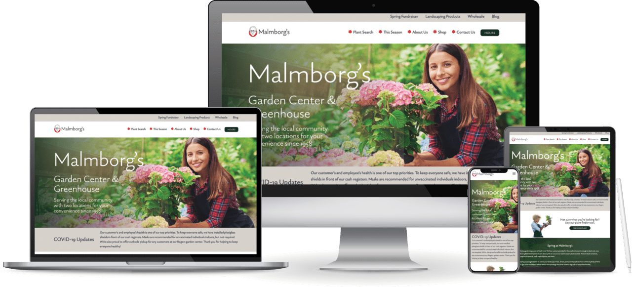 smartphone, tablet, laptop and desktop displaying Malmborg's website homepage
