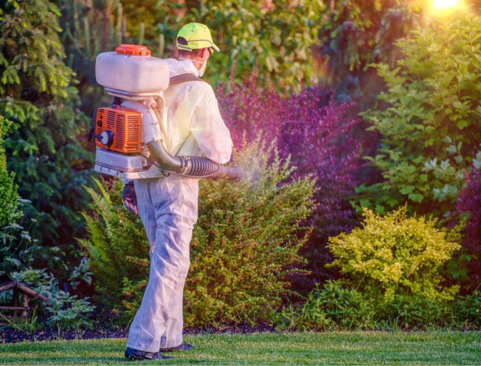 person doing chemical treatments on outdoor landscape