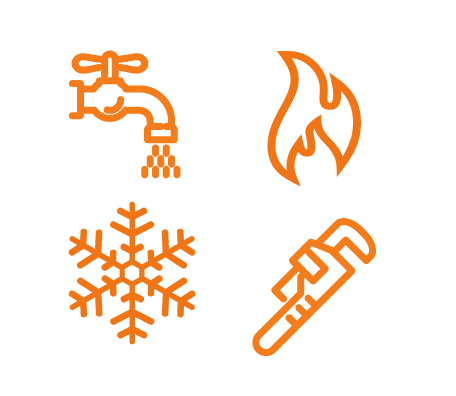 Applewood business icons displaying a water faucet, flame, snow flake and pipe wrench.