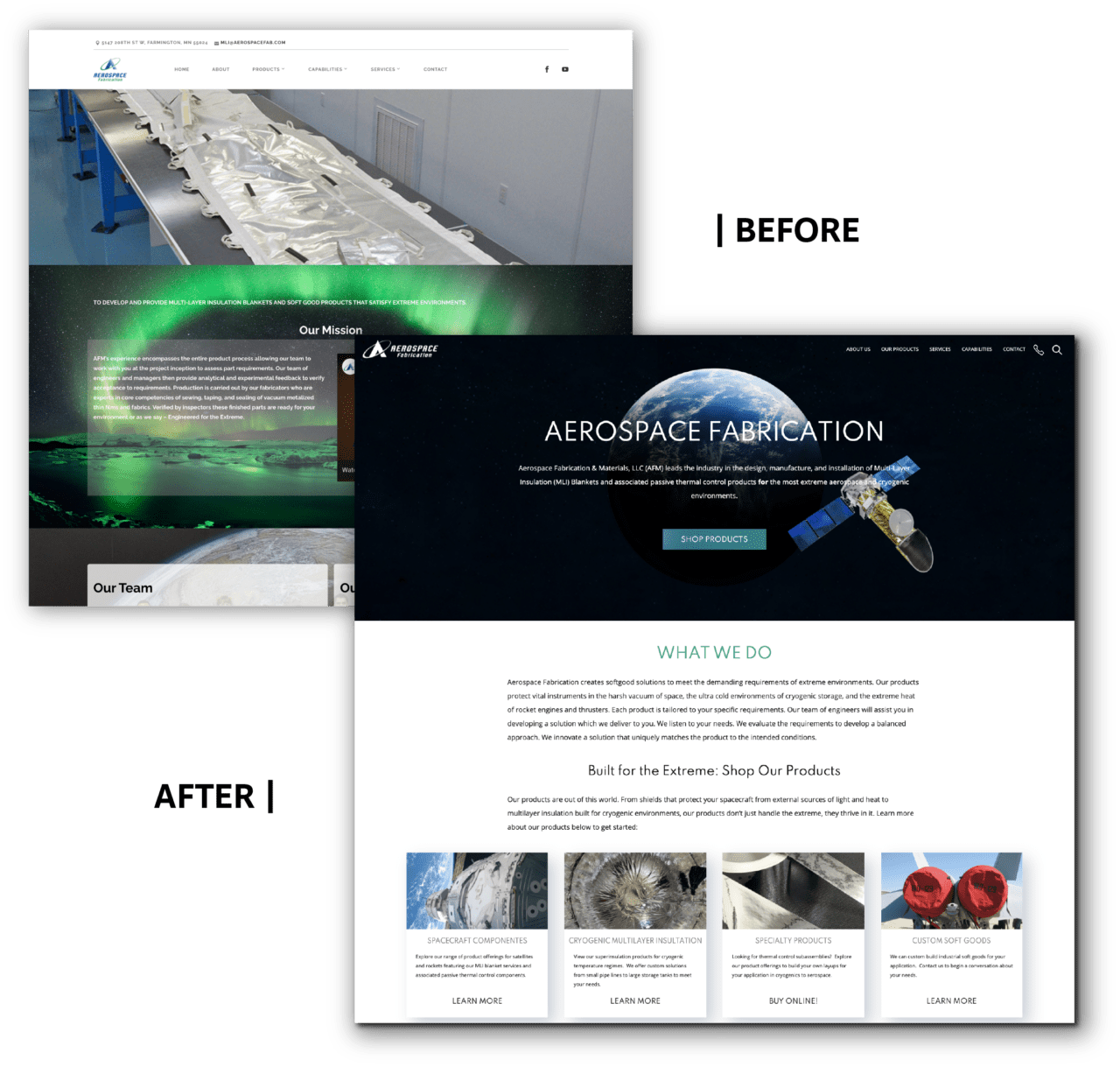 before and after view of the aerospace website.