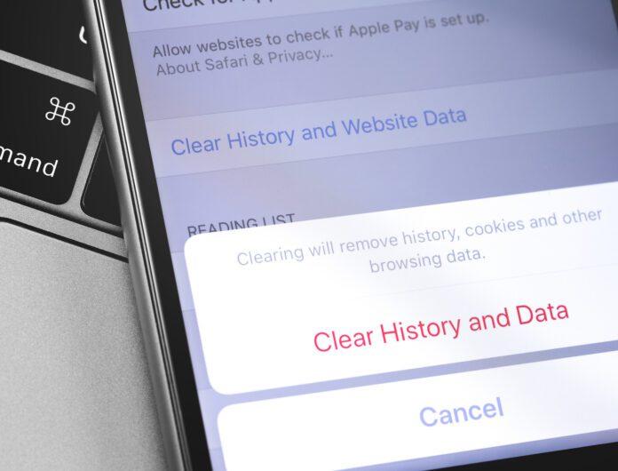 Close-up of Apple Phone showing the Clear History and Data button that will remove history, data and other browsing data.