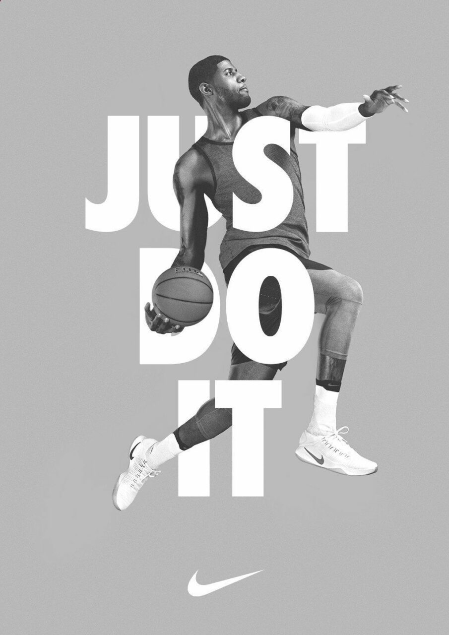 Nike "Just Do It" magazine ad with basketball player jumping up for a slam dunk.