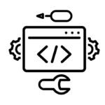 Icon for web development with wrench, gears and computer screen with code icons.