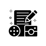 Content icon with stylus, tablet, camera and disk.