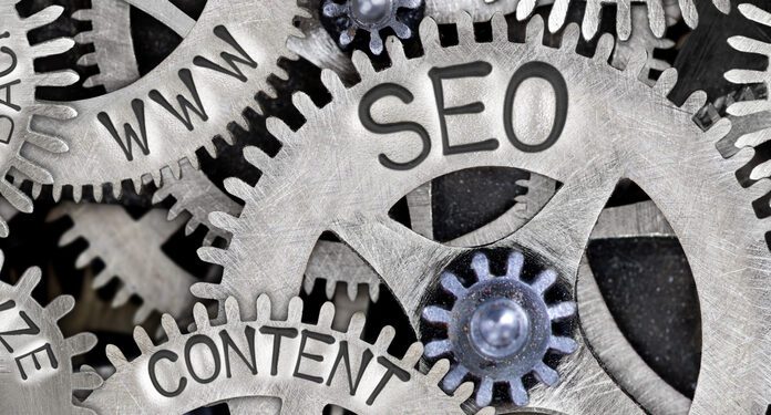 Gears representing SEO, content, research and analysis all move together.