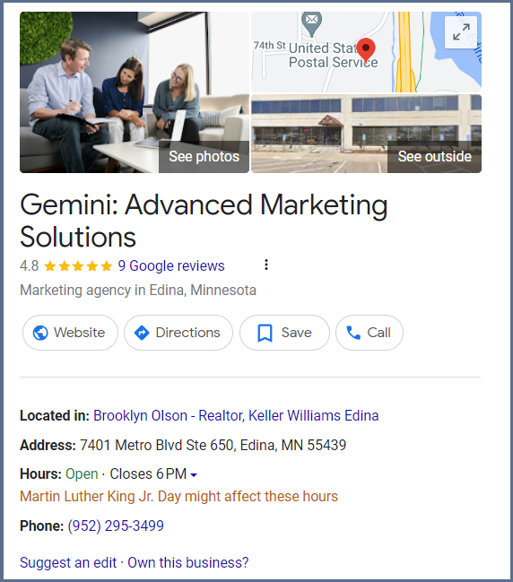 Google Business Profile listing for Gemini Marketing.